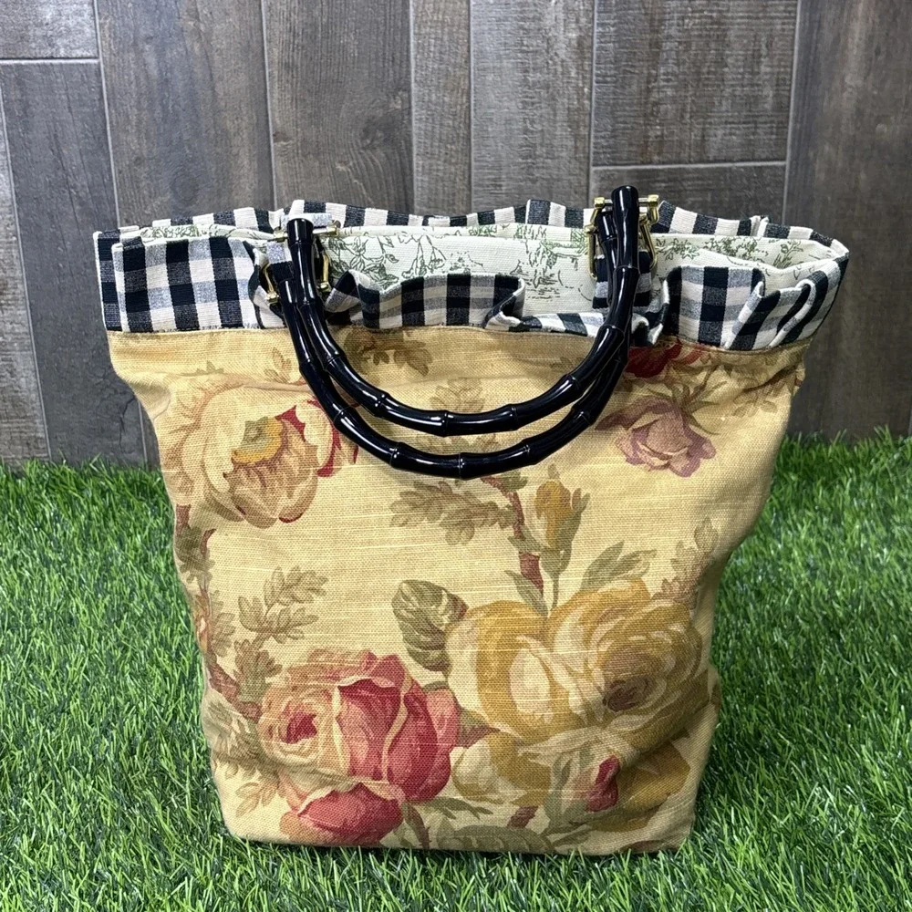 Cottagecore Floral Tote Bag Gingham Trim Bamboo Handle Coquette Boho‎